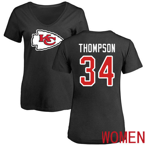 Women Football Kansas City Chiefs #34 Thompson Darwin Black Name and Number Logo Slim Fit T-Shirt